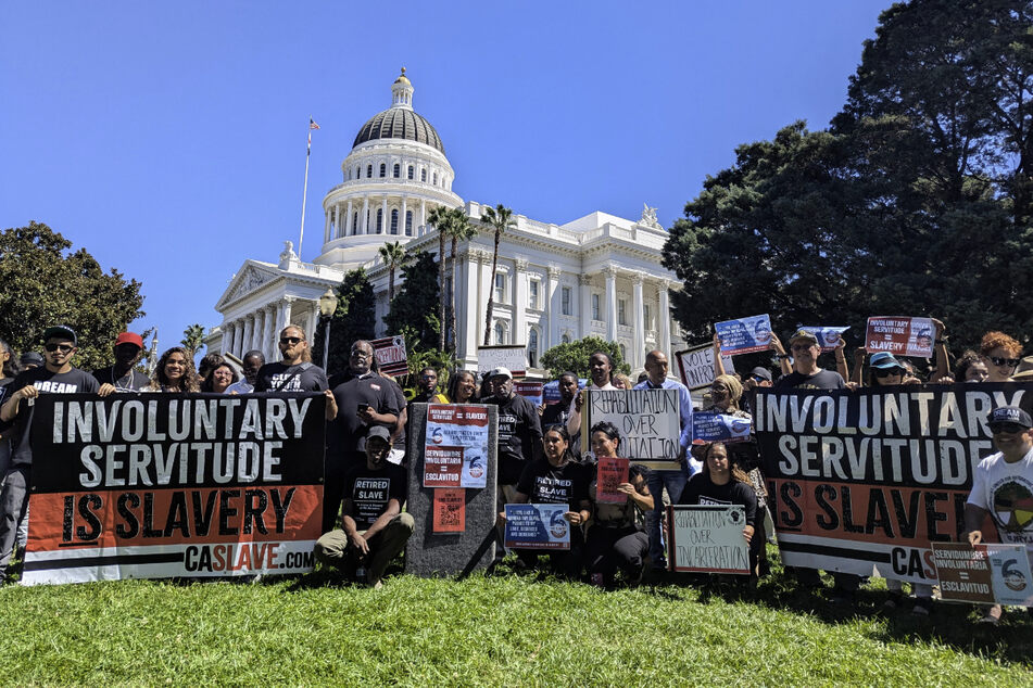 California activists and advocates rally in front of the State Capitol in Sacramento to formally launch the Yes on Prop 6 campaign to close the slavery loophole.