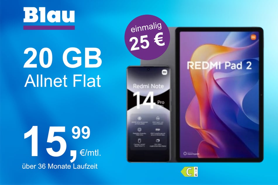 Das Xiaomi Redmi Note 14 Pro 5G + Redmi Pad 2 im Blau Allnet M für einmalig 25 Euro.