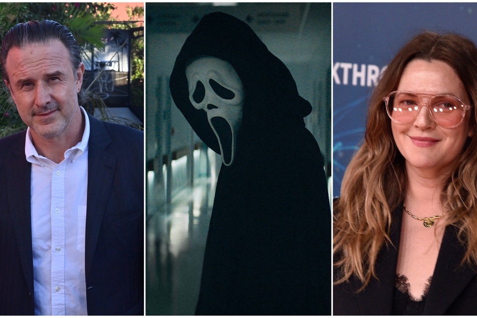 Drew Barrymore (r) and David Arquette (l) celebrate Scream 5 on TikTok by hilariously testing out the new text-to-speech option and coming across Ghostface (m).