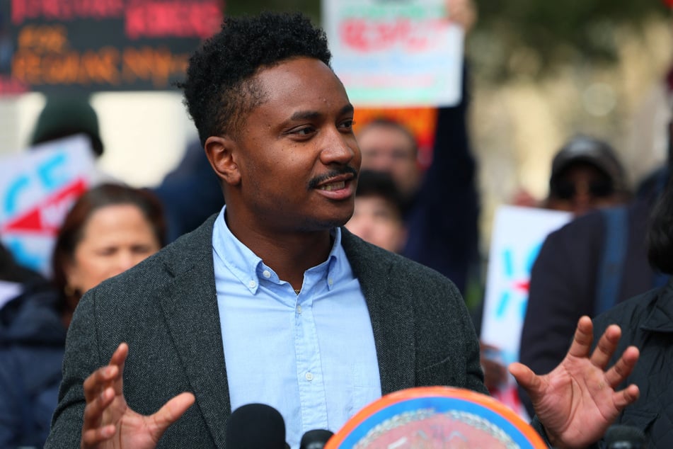 New York City Council Member Chi Ossé speaks at a rally on April 10, 2025, to protest Mayor Eric Adams' decision to allow ICE to open an office at Rikers Island.
