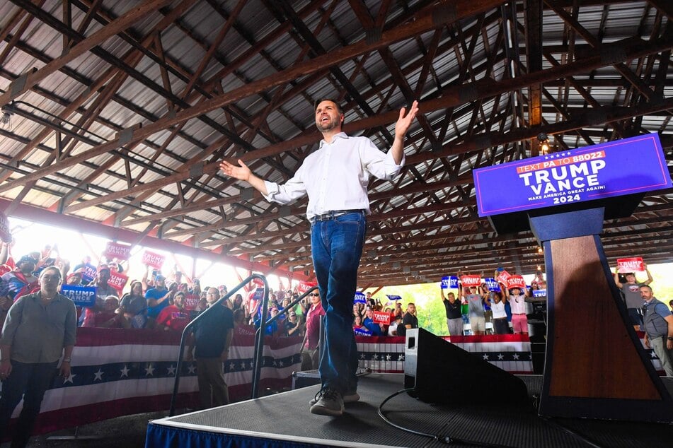 JD Vance speaks to a crowd during a rally at the Berks County Fairgrounds on September 21, 2024, in Leesport, Pennsylvania.