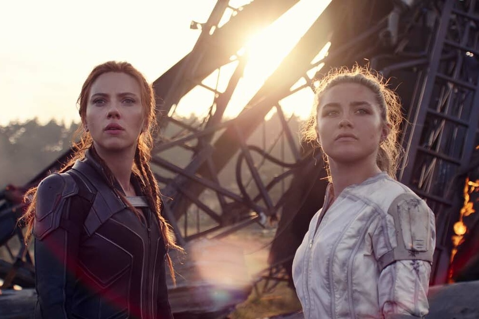 Scarlett Johansson (l.) and Florence Pugh in the Marvel blockbuster Black Widow, which opens in theaters on Thursday.