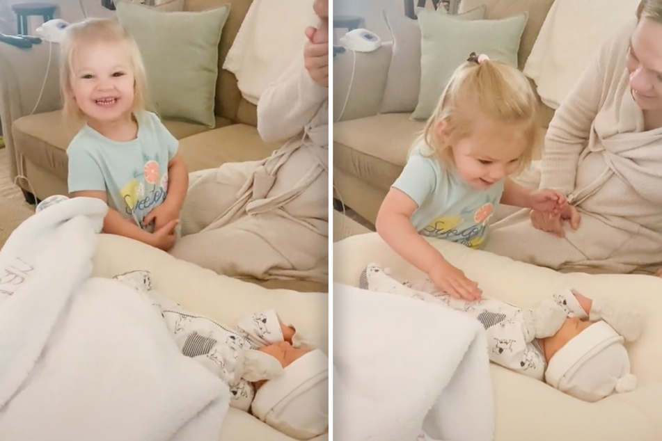Zweijährige trifft zum ersten Mal ihren kleinen Bruder: So süß reagiert sie auf das Baby