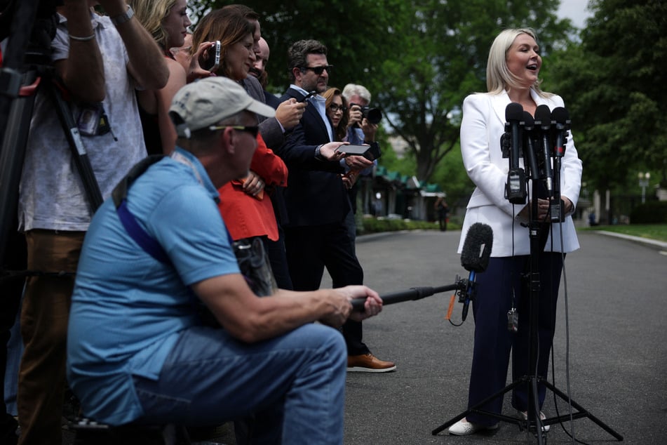 White House Press Secretary Karoline Leavitt speaks to members of the media outside the West Wing of the White House on Friday in Washington, DC.