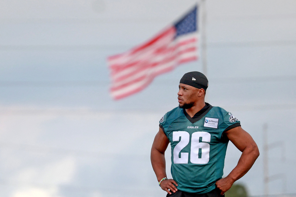 Running back Saquon Barkley #26 of the Philadelphia Eagles participates in a team practice ahead of Super Bowl LIX at the Ochsner Sports Performance Center located at New Orleans Saints headquarters on Thursday in Metairie, Louisiana.