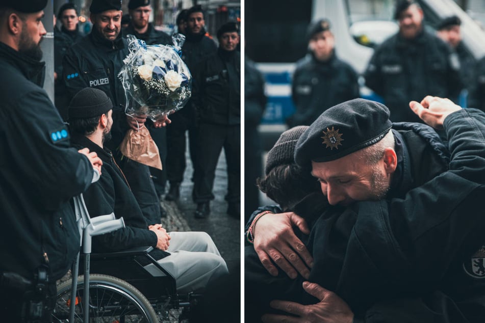 Der Polizist Cem kann nach der schweren Verletzung durch einen illegalen Böller noch nicht wieder laufen und wurde bei der Entlassung aus der Klinik von seinen Kollegen in Empfang genommen.