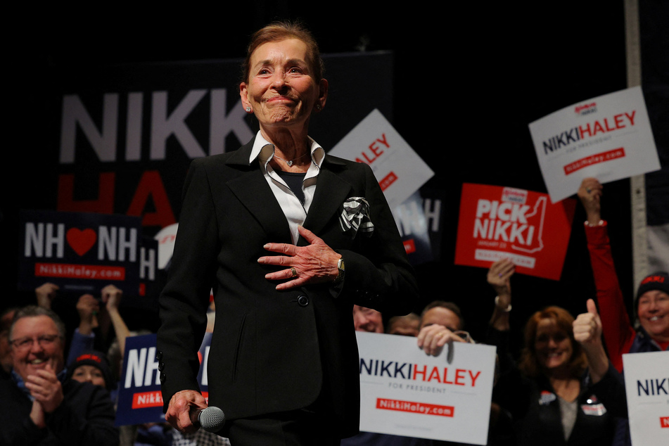 Judge Judy Sheindlin takes the stage to introduce Republican presidential candidate Nikki Haley at an Exeter campaign rally on January 21, 2024, ahead of the New Hampshire primary election.