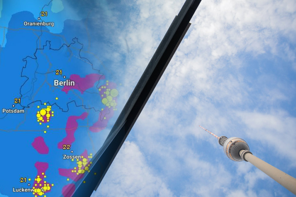 Der Berliner Fernsehturm spiegelt sich bei leicht bewölktem Himmel am Alexanderplatz in einer Glasfront.