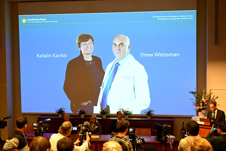Katalin Kariko and Drew Weissman win the 2023 Nobel Prize in Physiology or Medicine at the Karolinska Institute in Stockholm, Sweden, on October 2, 2023.