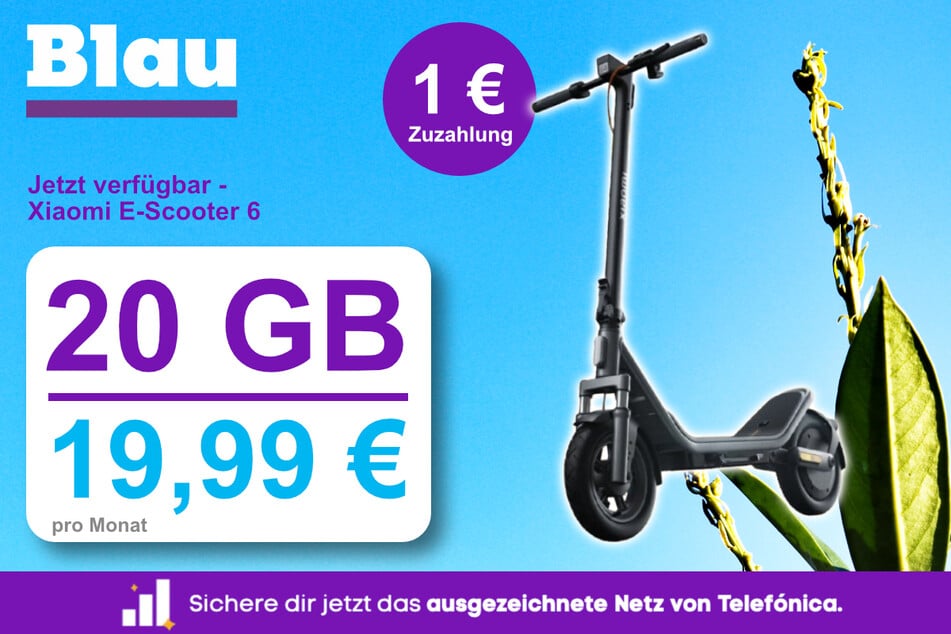 Der Xiaomi E-Scooter 6 mit 20 GB Tarif für einmalig 1 Euro Zuzahlung bei Blau.