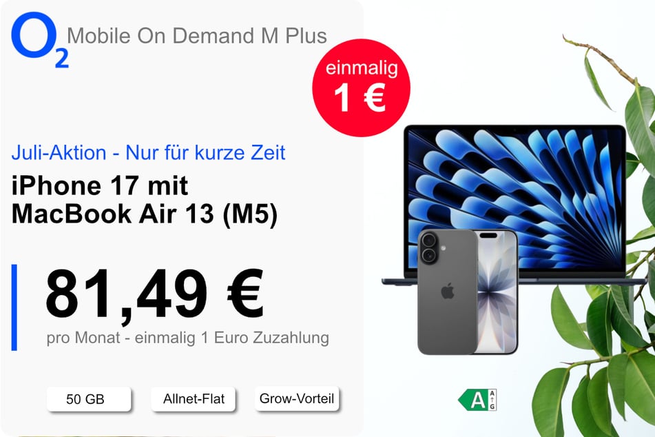 Das iPhone 17 mit MacBook Air 13 (M5) und 50 GB Daten für einmalig nur 1 Euro bei o2.