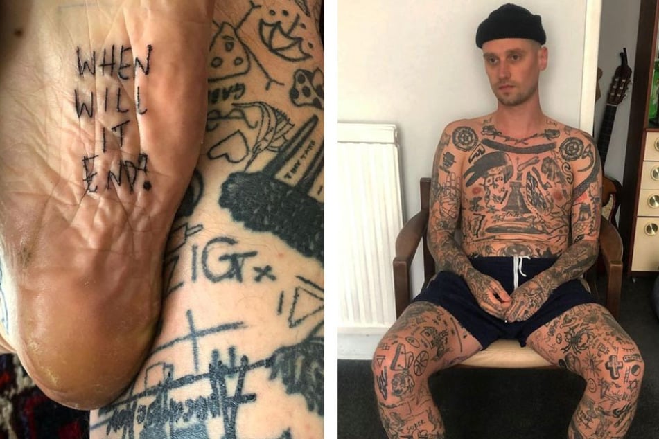 Chris Woodhead tattooed himself to ward off boredom while his tattoo shop was closed during Covid-19 lockdowns.