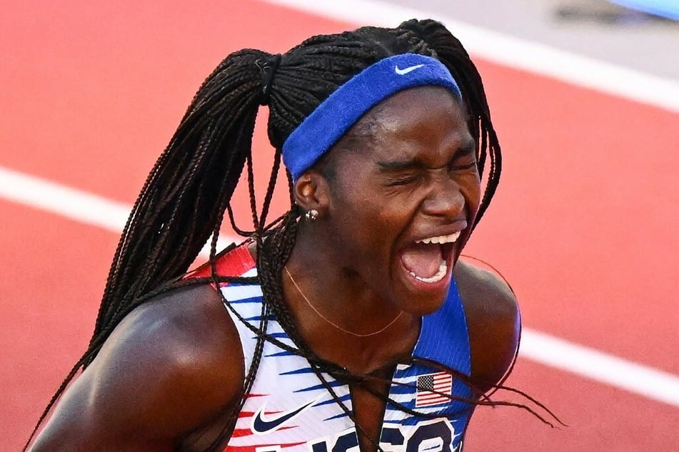 Twanisha Terry celebrated after her winning lap of the women's 4x100m relay final during the World Athletics Championships at Hayward Field in Eugene, Oregon on Saturday.