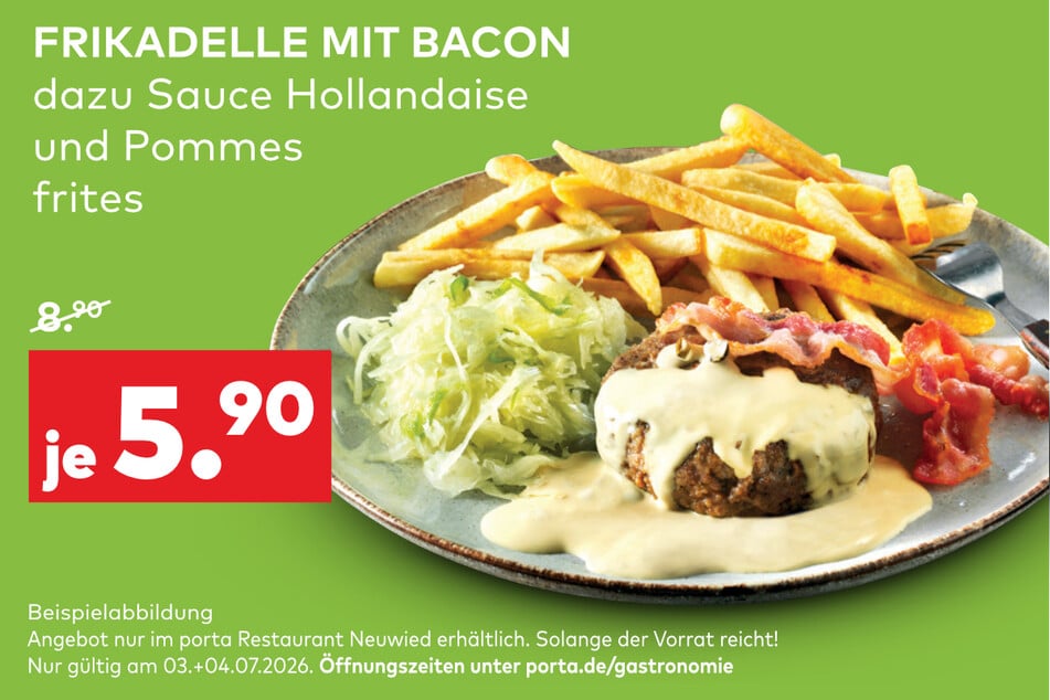 Eine Frikadelle mit Pommes geht immer. Als frischen Ausgleich bekommt Ihr dazu einen kleinen Beilagensalat.