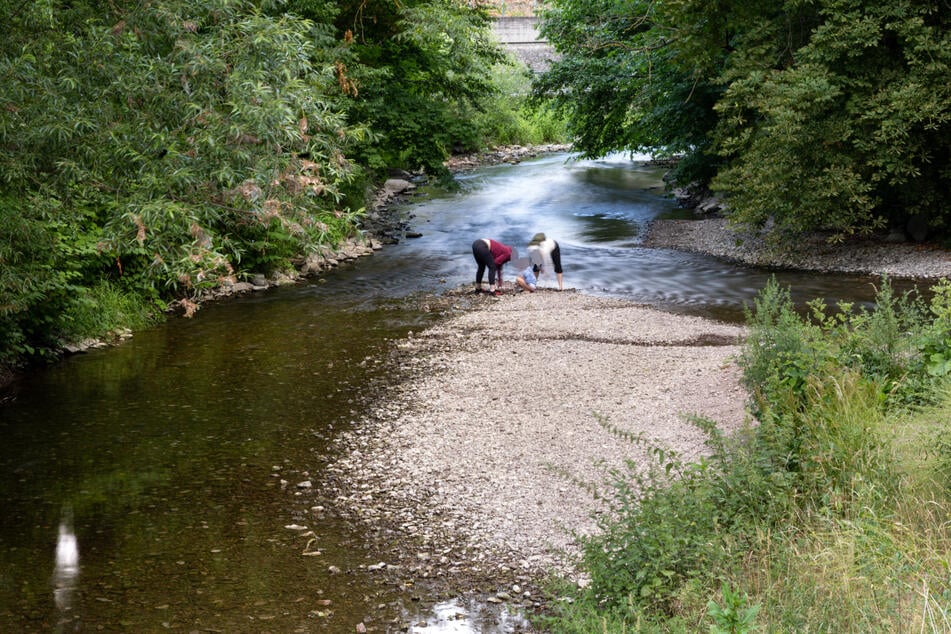 Ingersleben: Menschen stehen im Flussbett der Apfelstädt an der Mündung in die Gera.