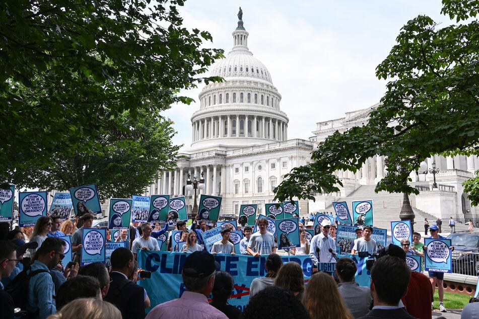 Our Children’s Trust hosts a press conference pushing to support a stable climate and to back plaintiffs suing the Trump administration at the US Capitol on July 16, 2025.
