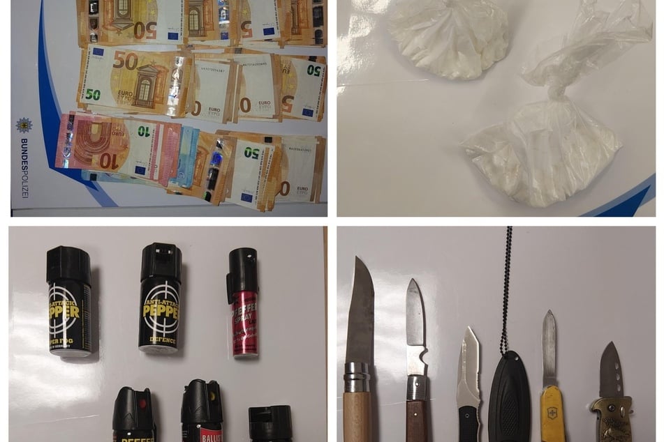 Das Foto zeigt eine Übersicht einiger Gegenstände, die bei Kontrollen am Samstag durch die Polizei sichergestellt wurden.