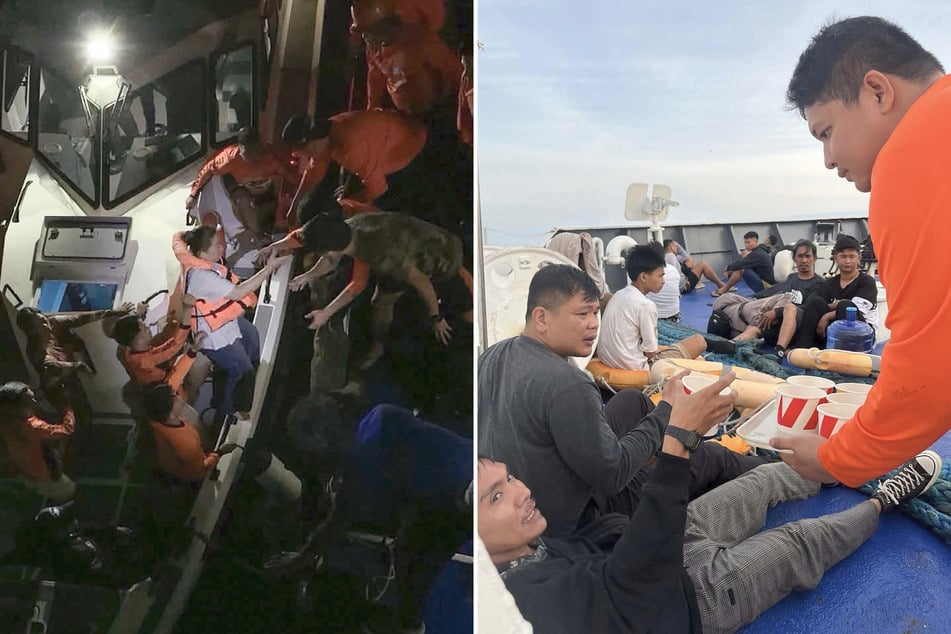 Mit Essen, Getränken und warmen Decken versorgen die Einsatzkräfte die gekenterten Passagiere.