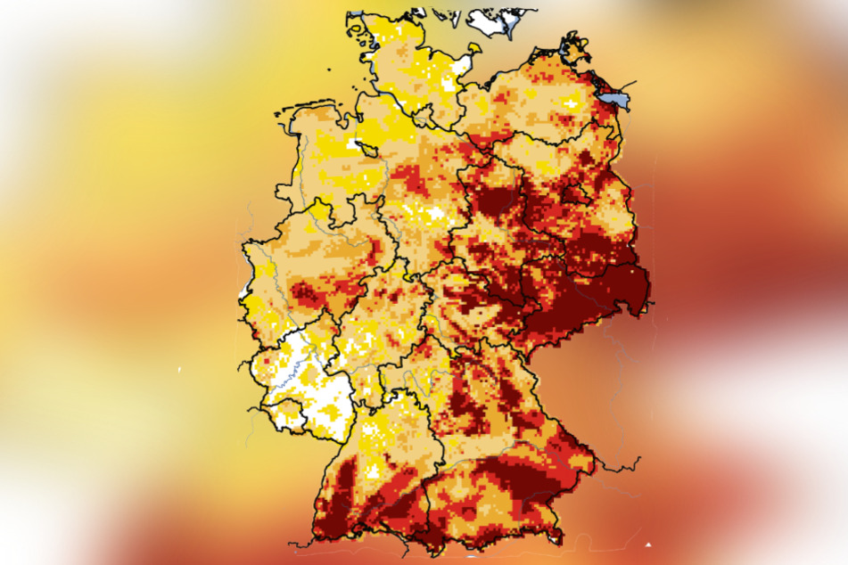 Der aktuelle Dürremonitor für Deutschland. Rot steht für extreme Dürre, dunkelrot für außergewöhnliche Dürre.