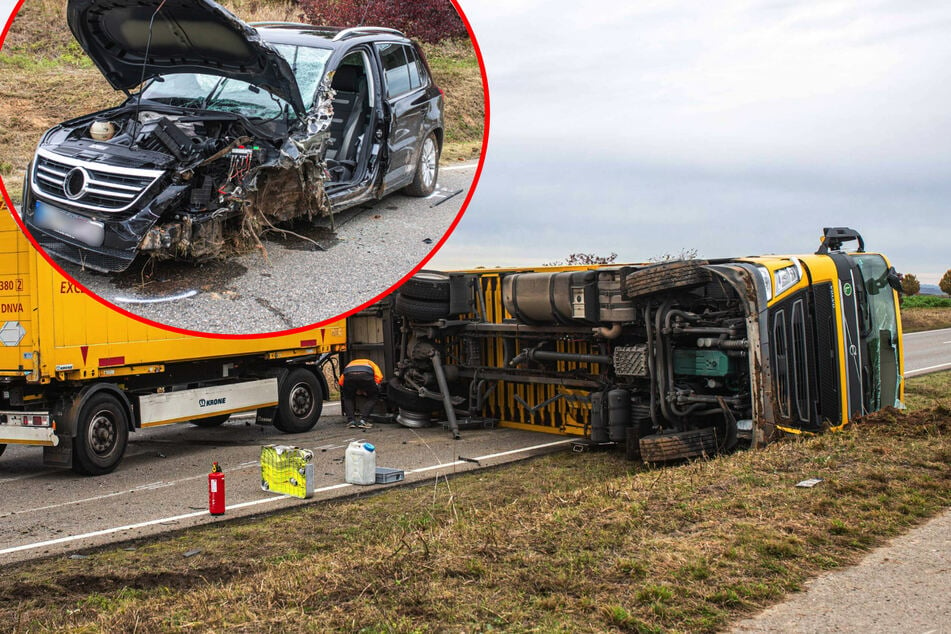 Unfall A7: Laster begräbt Pannenauto unter sich: VW-Fahrer schwerverletzt