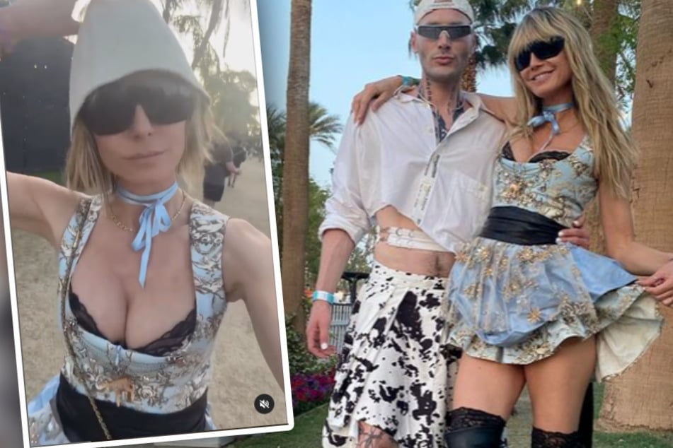 Heidi Klum war gemeinsam mit Freunden auf dem Coachella-Festival. Ihr Dirndl-Outfit garnierte sie mit einer Schlumpf-Mütze.