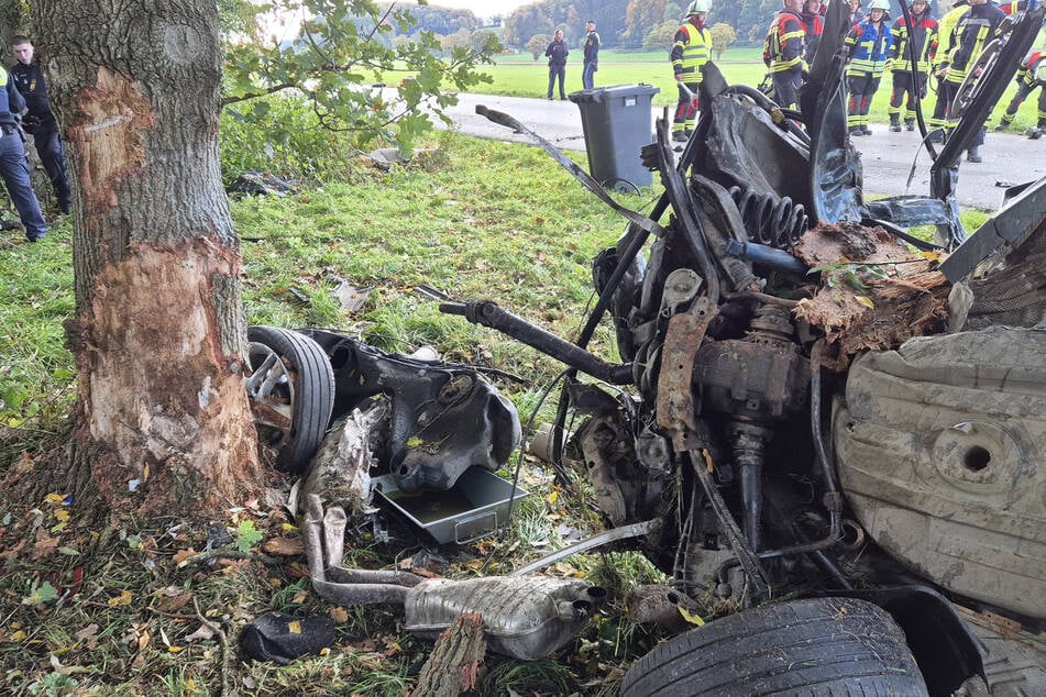 Der BMW zerschellte an einem Baum und wurde zweigeteilt.