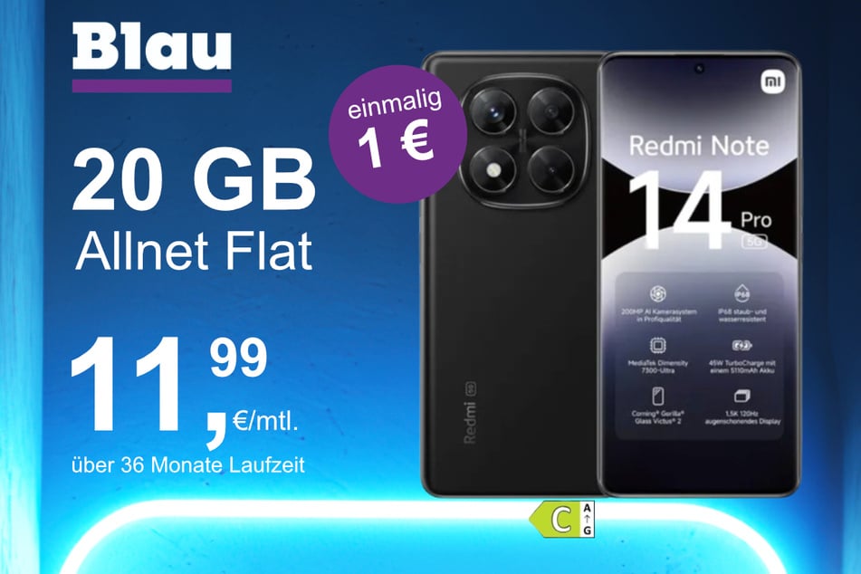 Das Xiaomi Redmi Note 14 Pro im Blau Allnet M für einmalig 1 Euro.