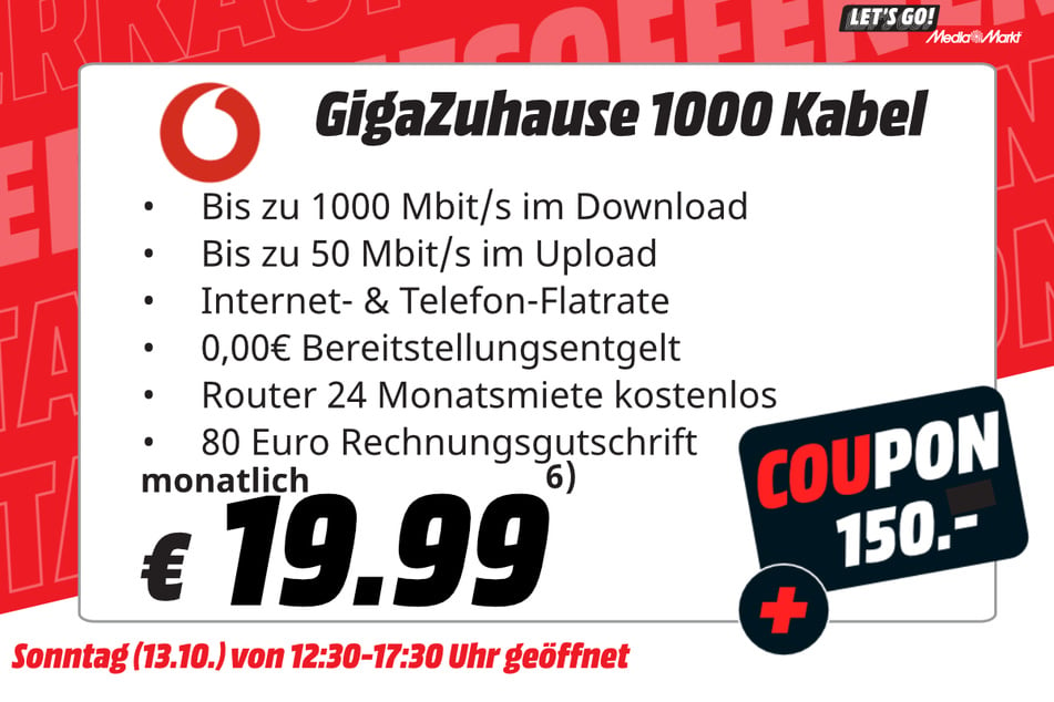 Vodafone GigaZuhause 1000 Kabel für 19,99 Euro im Monat (für die ersten 12 Monate).