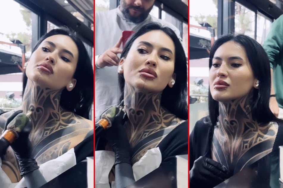Heavily inked body artist tattoos herself on camera
