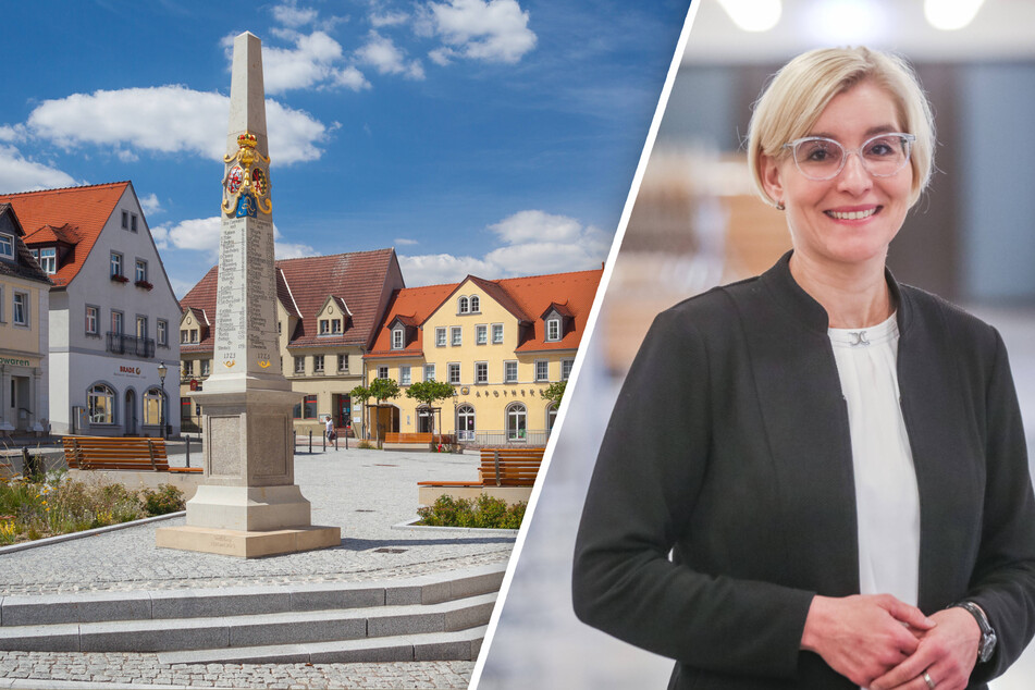 Die Postmeilensäule auf dem Marktplatz vor dem Rathaus von Lommatzsch. Bürgermeisterin Anita Maaß (46, FDP).