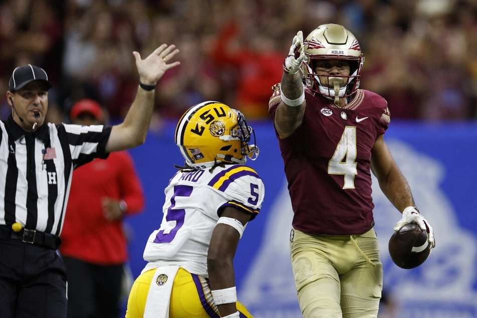 Wide receiver Mycah Pittman of the Florida State Seminoles reacts after a first down against the LSU Tigers at Caesars Superdome on Saturday.