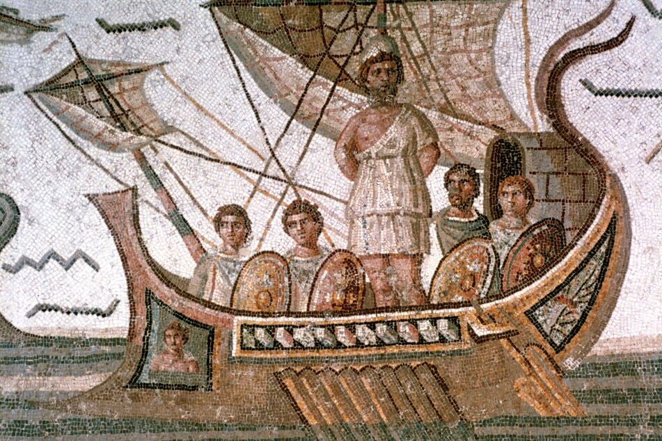 Der festgebundene Odysseus widersteht den Sirenen. Das Werk wurde aus vielen Papyrus-Fragementen rekonstruiert.