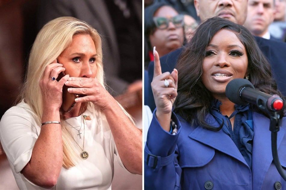 During a recent panel discussion, Representative Jasmine Crockett (r.) joked that her colleague Marjorie Taylor Greene (l.) should take a trip to outer space.