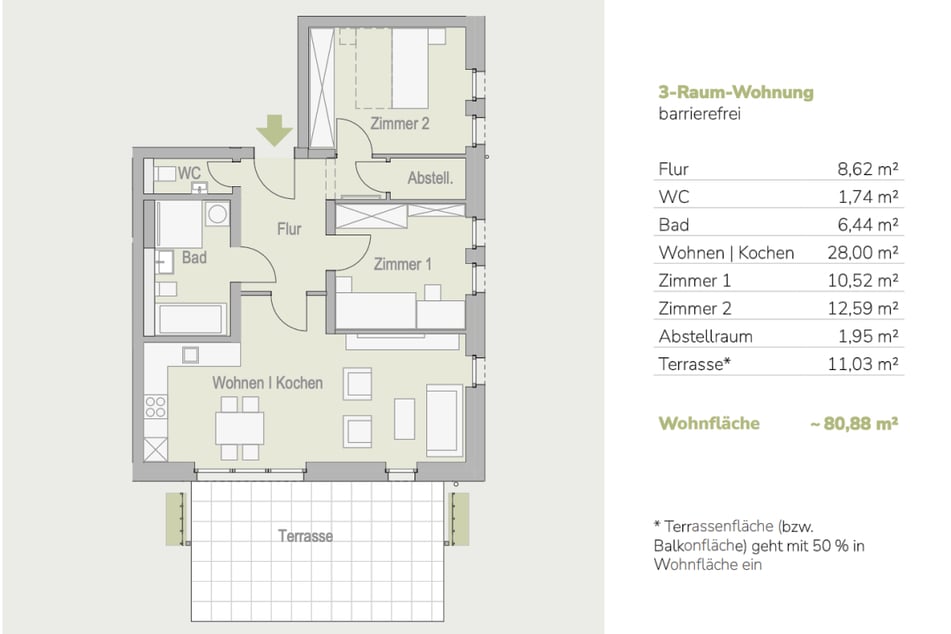 Ein Beispielgrundriss für eine der begehrten 3-Raumwohnungen.