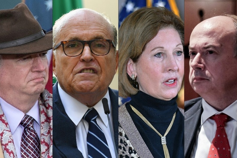 From left to right: Lawyers John Eastman, Rudy Giuliani, Sidney Powell, and Jeffrey Clark are just a four of the allies of Donald Trump who have been indicted in the Georgia election probe.