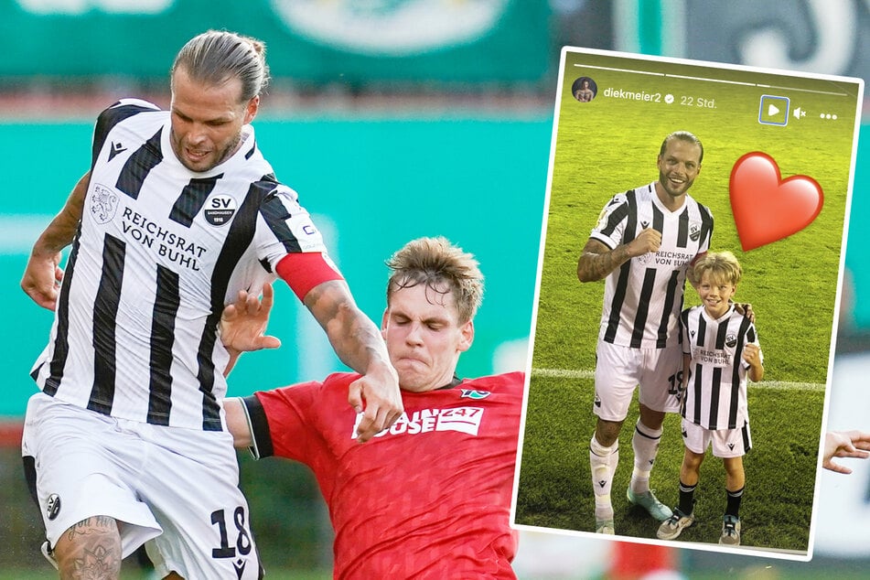 Dennis Diekmeier (33, l.) kegelte am Freitag mit seinem SV Sandhausen Hannover 96 aus dem DFB-Pokal. Danach gab es Wirbel um seinen Sohn Dion (9, r.).