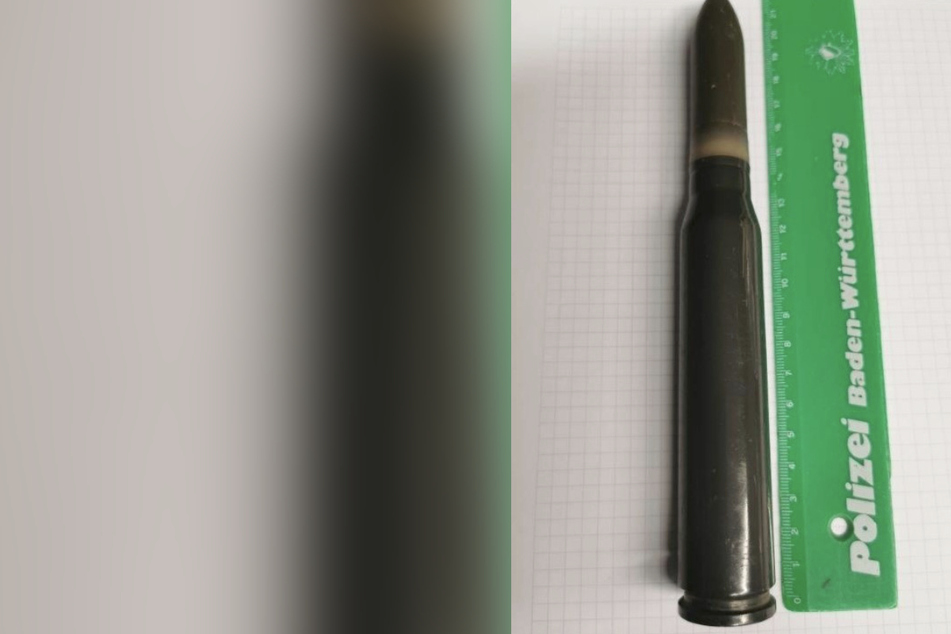 Diese 20 Zentimeter lange Patrone wurde auf einen Ladentisch gestellt.