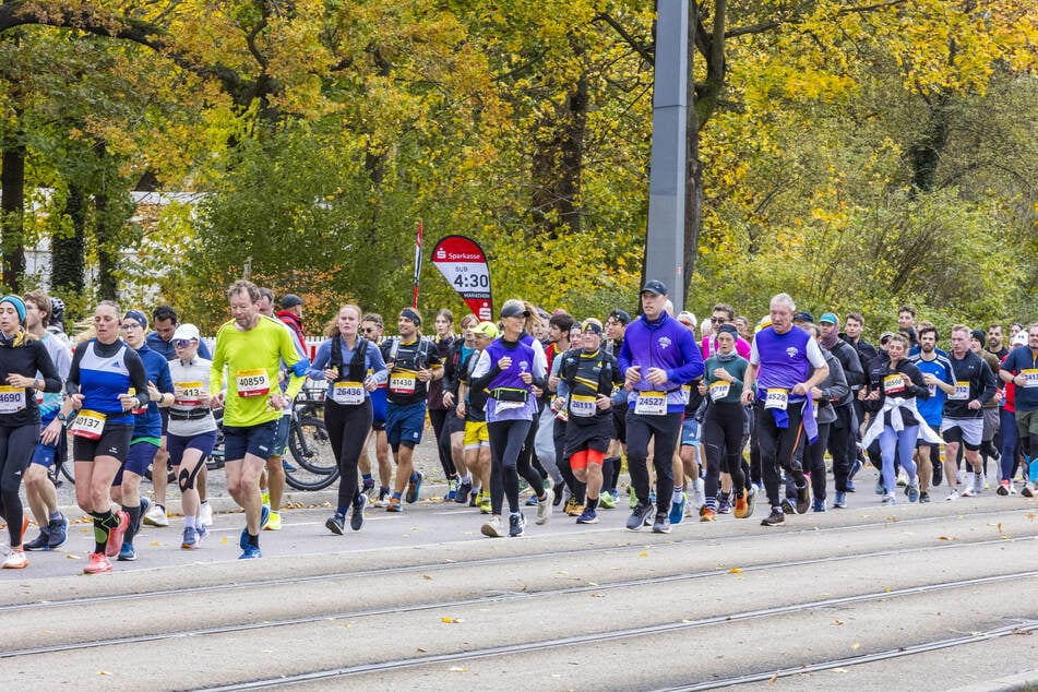Tausende Läufer gehen beim Dresden-Marathon an den Start und werden entlang der Strecke von Musikern und Zuschauern angefeuert.