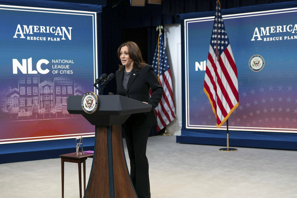 Vice President Kamala Harris speaking about the American Rescue Plan during an address to the National League of Cities.