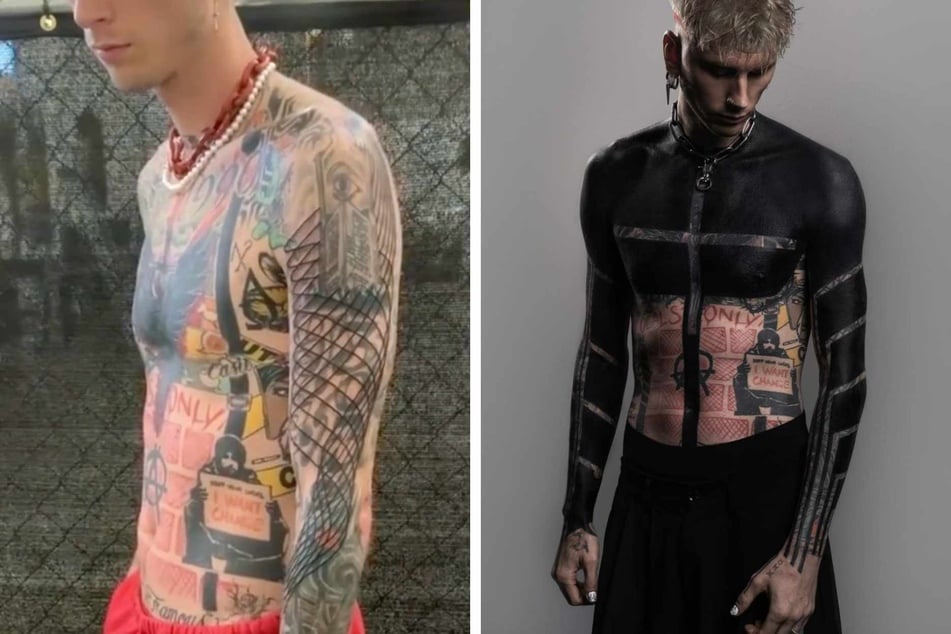 Machine Gun Kelly flaunted his new-ish blackout tattoo before donning his own wetsuit on vacation.