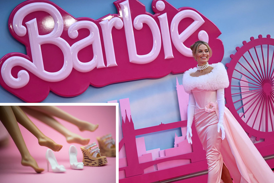 Margot Robbie's feet are featured prominently in Barbie the movie as she emulates the doll's infamous plastic tip-toed shape (inset).