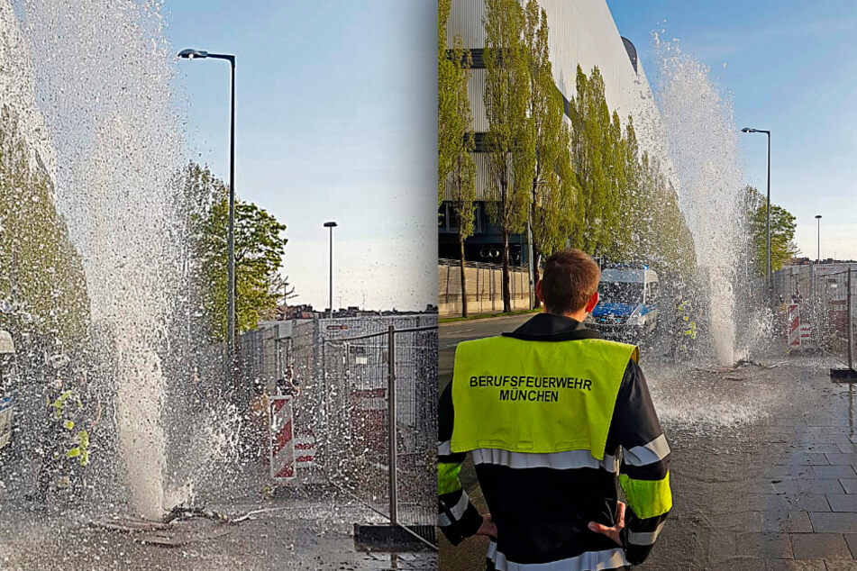 Nachdem das Rohr herausgerissen wurde, schoss eine fünf Meter hohe Wasserfontäne in die Luft.