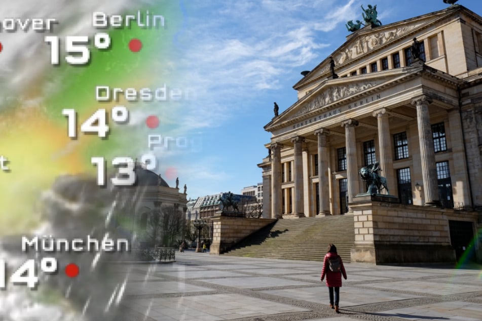 Nur wenige Menschen sind bei strahlendem Sonnenschein auf dem Gendarmenmarkt unterwegs.