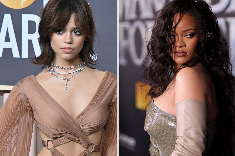 Jenna Ortega (l.) was praised by Rihanna fans for pronouncing the singer's name correctly at the Golden Globes.