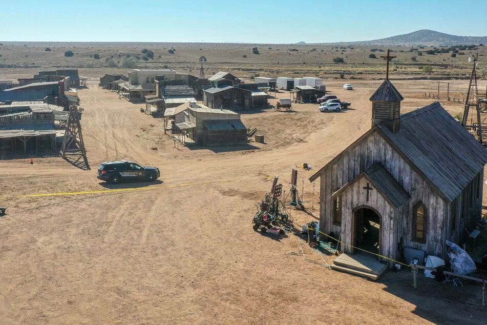 The set of Rust, cordoned off with police tape after the fatal shooting of cinematographer Halyna Hutchins.