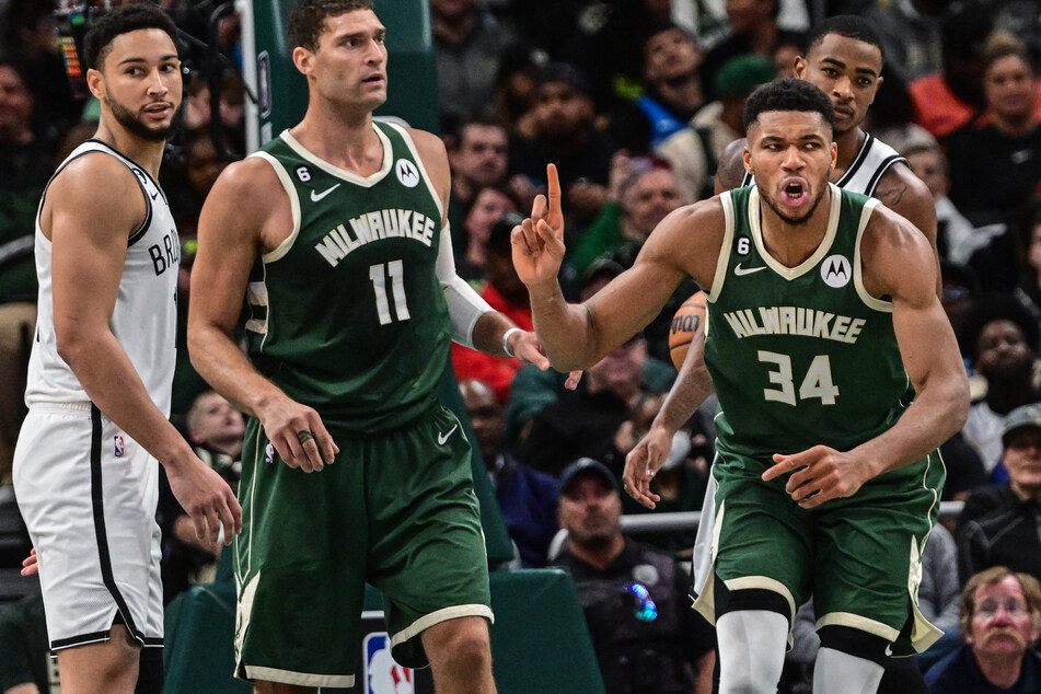 Milwaukee Bucks forward Giannis Antetokounmpo reacts in the third quarter against the Brooklyn Nets at Fiserv Forum.