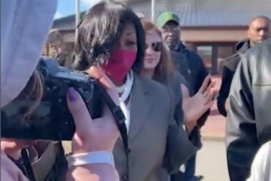 Rhonda Grayson, one of the plaintiffs in the lawsuit, speaks during a news conference after the hearing at the Muscogee Creek Nation District Courthouse.