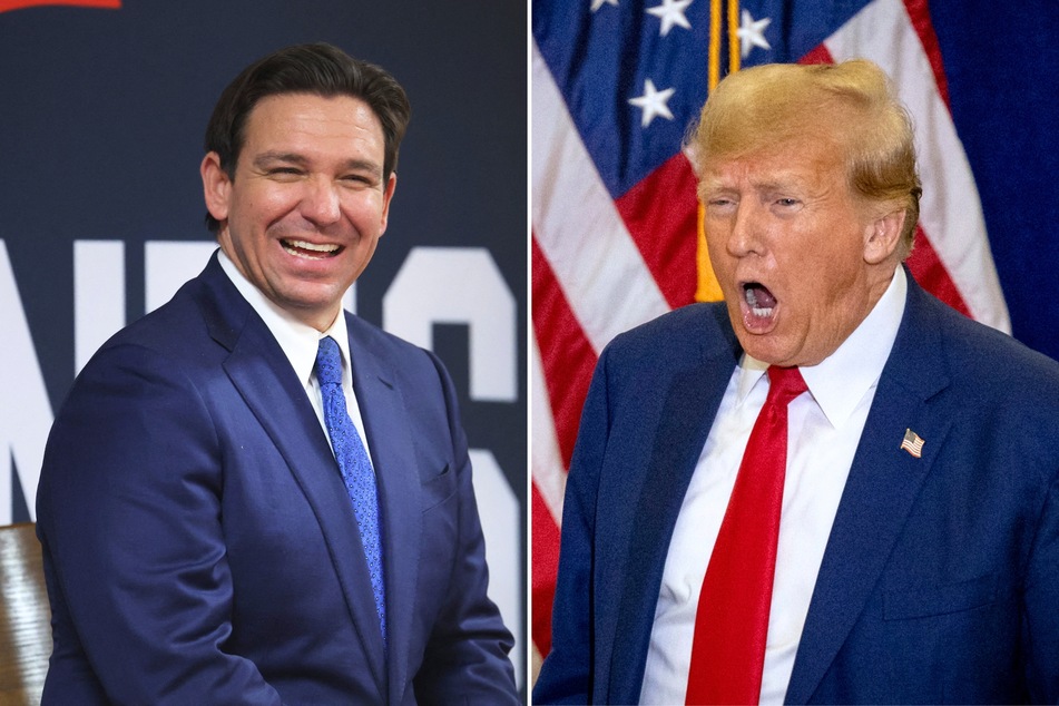 Presidential candidate Donald Trump (r.)'s camp has been sending out flyers to Iowa voters accusing Ron DeSantis of rigging the state's upcoming caucuses.