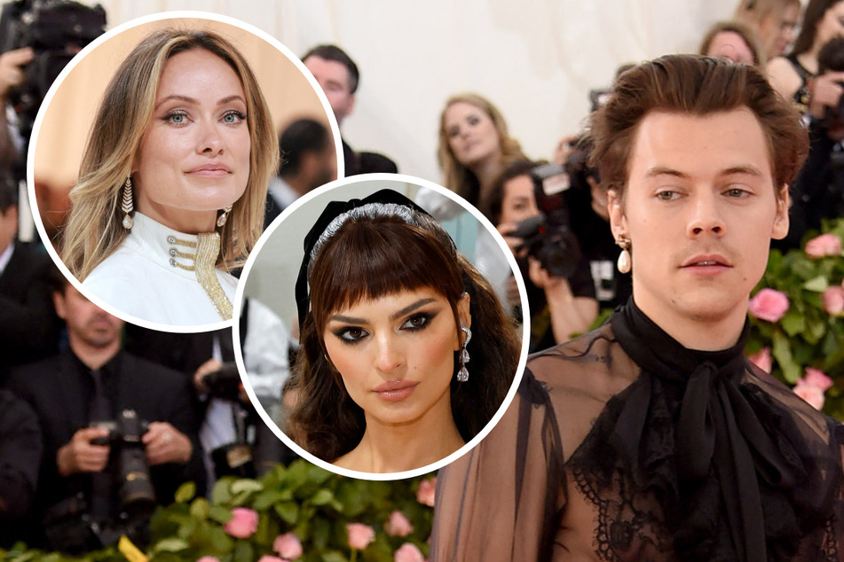 Harry Styles (r) reportedly skipped out on the 2023 Met Gala due to the attendance of his ex Olivia Wilde (l) and latest flame, Emily Ratajkowski (c).