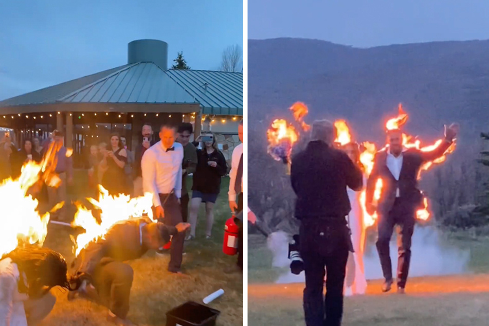 A professional stunt duo opted for a fiery send-off after their wedding reception.
